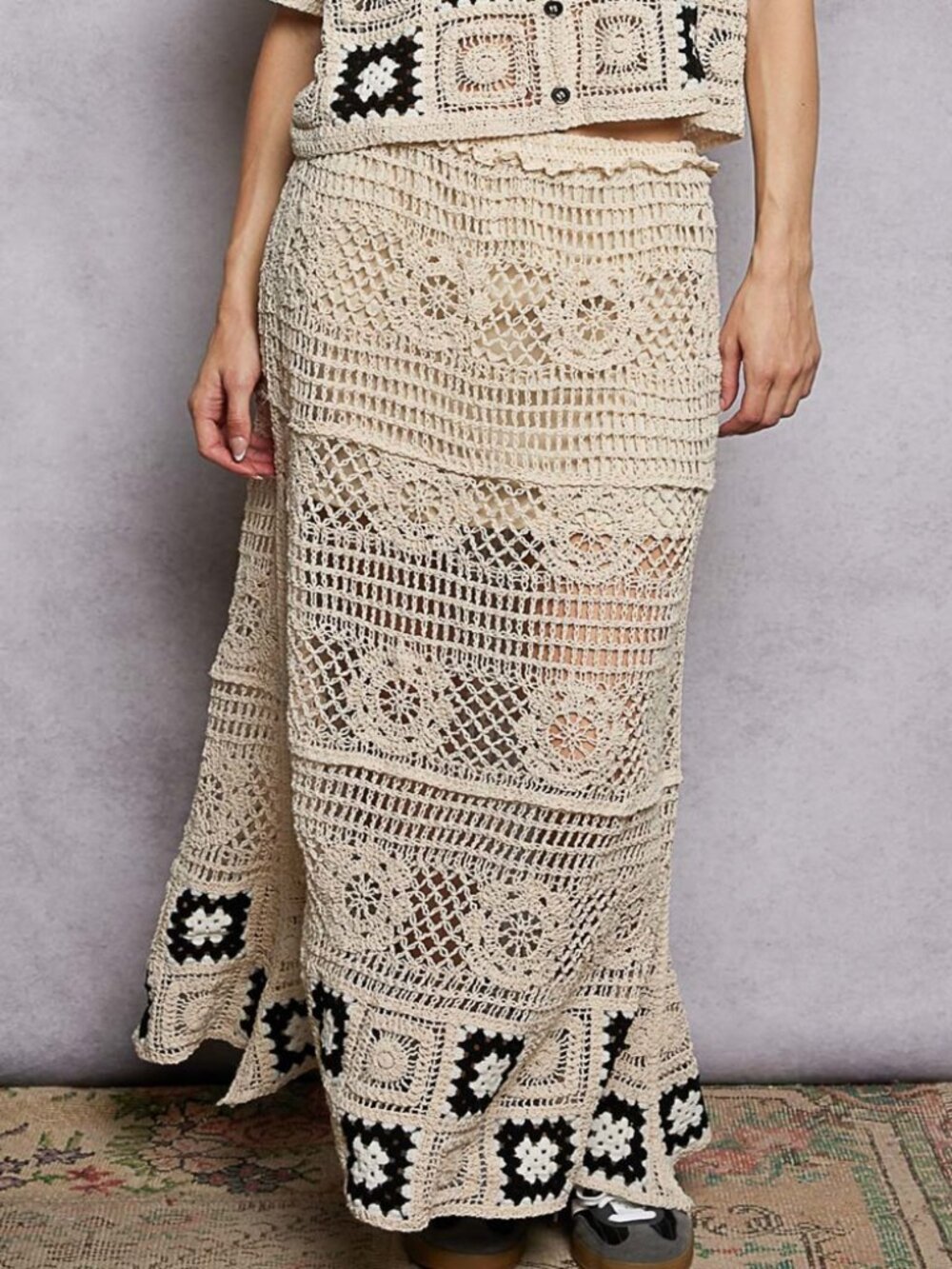 Floral Crochet Ruffled Waistband Maxi Skirt with Granny Square Weave - Picture 4 of 5
